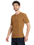 Men's Caramel Solid Knitted Henley Neck T-Shirt