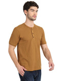 Men's Caramel Solid Knitted Henley Neck T-Shirt