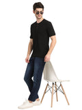 Men's Black Solid Knitted Henley Neck T-Shirt