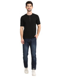 Men's Black Solid Knitted Henley Neck T-Shirt