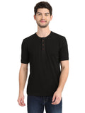Men's Black Solid Knitted Henley Neck T-Shirt