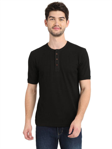 Men's Black Solid Knitted Henley Neck T-Shirt