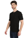 Men's Black Solid Knitted Henley Neck T-Shirt Seventy7
