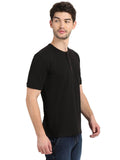 Men's Black Solid Knitted Henley Neck T-Shirt