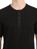 Men's Black Solid Knitted Henley Neck T-Shirt
