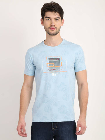 Men's Blue Digital Printed Round Neck T-Shirt