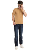 Men's Camel Solid Knitted Henley Neck T-Shirt Seventy7