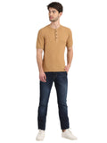 Men's Camel Solid Knitted Henley Neck T-Shirt Seventy7