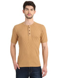 Men's Camel Solid Knitted Henley Neck T-Shirt