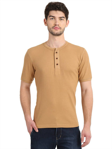 Men's Camel Solid Knitted Henley Neck T-Shirt