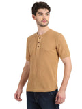 Men's Camel Solid Knitted Henley Neck T-Shirt