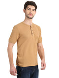 Men's Camel Solid Knitted Henley Neck T-Shirt