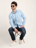 Men Striped Sky Blue Casual Slim Fit Shirt