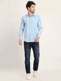 Men Striped Sky Blue Casual Slim Fit Shirt