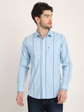 Men Striped Sky Blue Casual Slim Fit Shirt