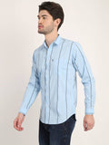 Men Striped Sky Blue Casual Slim Fit Shirt Seventy7
