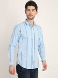 Men Striped Sky Blue Casual Slim Fit Shirt