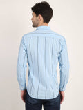 Men Striped Sky Blue Casual Slim Fit Shirt Seventy7