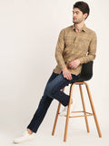 Men Checkered Camel Brown Casual Slim Fit Shirt