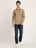 Men Checkered Camel Brown Casual Slim Fit Shirt