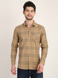 Men Checkered Camel Brown Casual Slim Fit Shirt