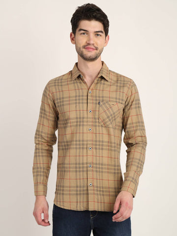 Men Checkered Camel Brown Casual Slim Fit Shirt