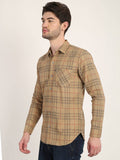 Men Checkered Camel Brown Casual Slim Fit Shirt