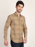 Men Checkered Camel Brown Casual Slim Fit Shirt