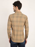 Men Checkered Camel Brown Casual Slim Fit Shirt