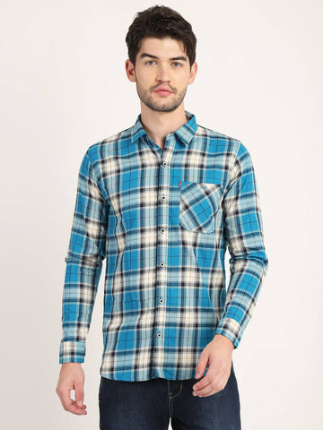 Men Checkered Blue Casual Slim Fit Shirt