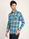 Men Checkered Blue Casual Slim Fit Shirt Seventy7