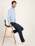 Men Printed Sky Blue Casual Slim Fit Shirt Seventy7