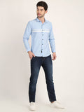 Men Printed Sky Blue Casual Slim Fit Shirt Seventy7
