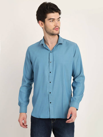 Men Solid Blue Casual Slim Fit Shirt Seventy7