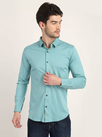 Men Solid Aqua Green Casual Slim Fit Shirt
