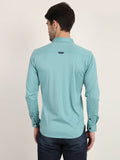 Men Solid Aqua Green Casual Slim Fit Shirt