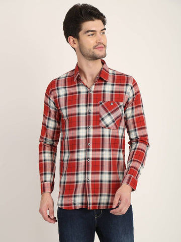 Men Checkered Red Casual Slim Fit Shirt