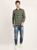Men Checkered Dark Green Casual Slim Fit Shirt