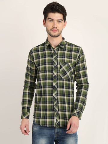 Men Checkered Dark Green Casual Slim Fit Shirt