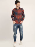 Men Checkered Orange Casual Slim Fit Shirt