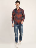 Men Checkered Orange Casual Slim Fit Shirt Seventy7
