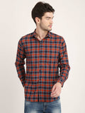 Men Checkered Orange Casual Slim Fit Shirt