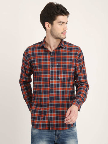 Men Checkered Orange Casual Slim Fit Shirt