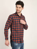 Men Checkered Orange Casual Slim Fit Shirt