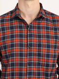 Men Checkered Orange Casual Slim Fit Shirt