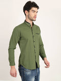 Men Solid Olive Casual Slim Fit Shirt Seventy7