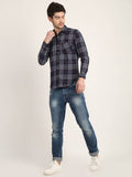 Men Checkered Navy Blue Casual Slim Fit Shirt