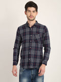 Men Checkered Navy Blue Casual Slim Fit Shirt