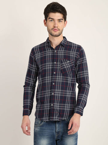 Men Checkered Navy Blue Casual Slim Fit Shirt
