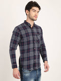 Men Checkered Navy Blue Casual Slim Fit Shirt